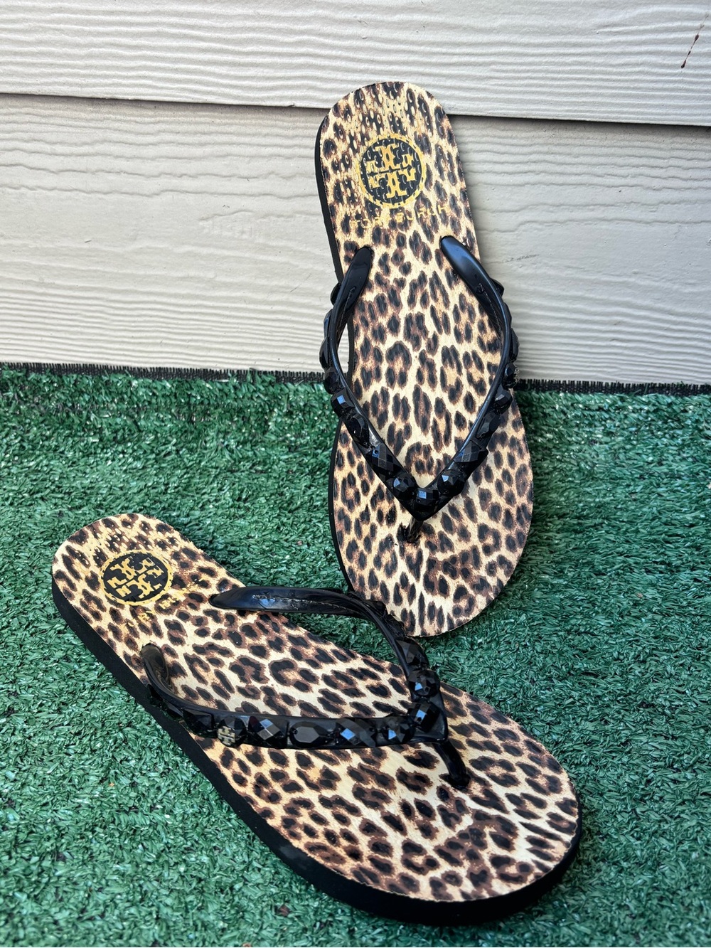 Tory Burch Leopard Print Flip Flop Sandals with Black  Straps